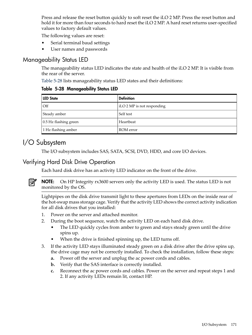 Manageability status led, I/o subsystem, Verifying hard disk drive operation | HP INTEGRITY RX3600 User Manual | Page 171 / 356