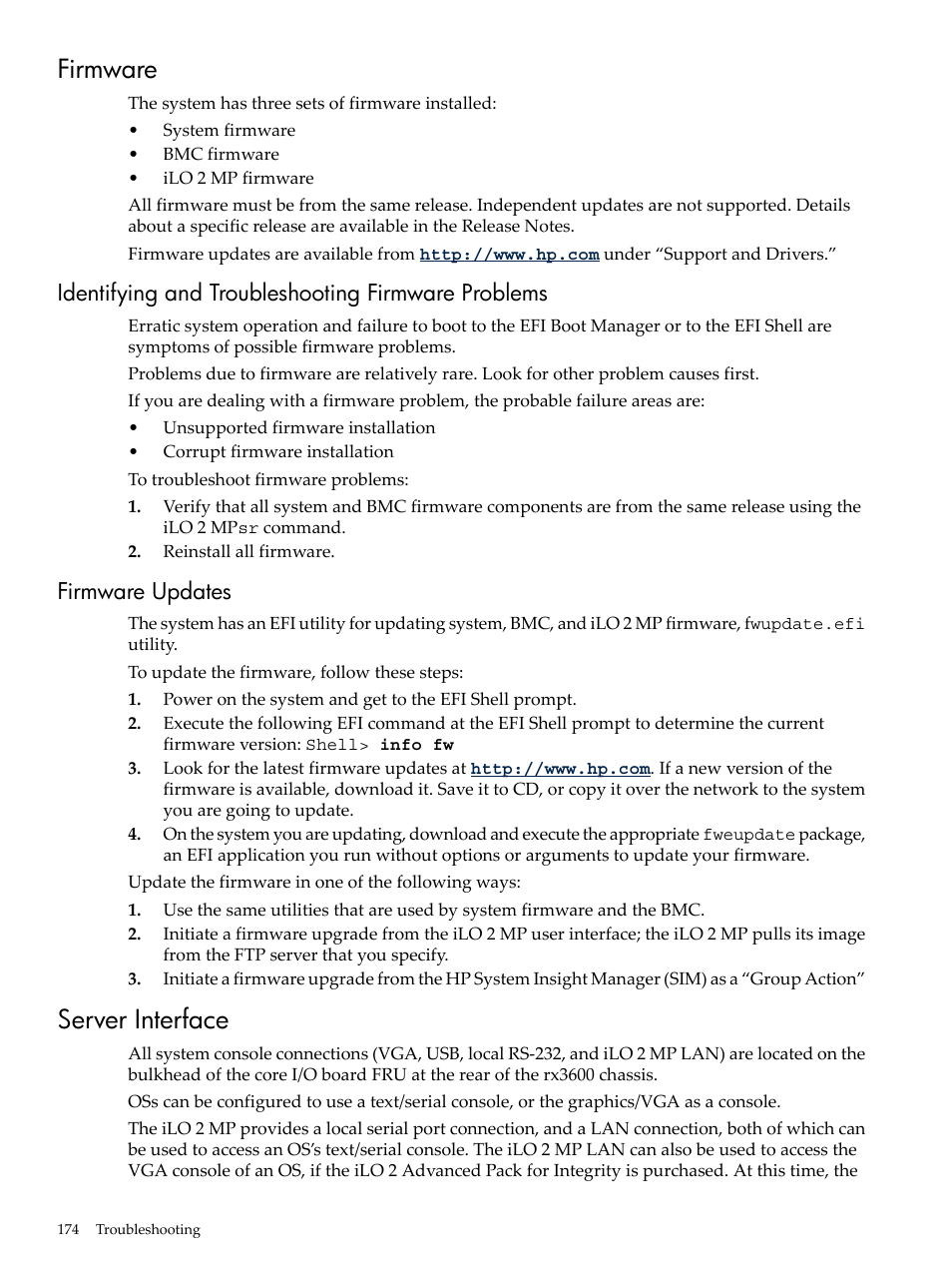 Firmware, Identifying and troubleshooting firmware problems, Firmware updates | Server interface | HP INTEGRITY RX3600 User Manual | Page 174 / 356