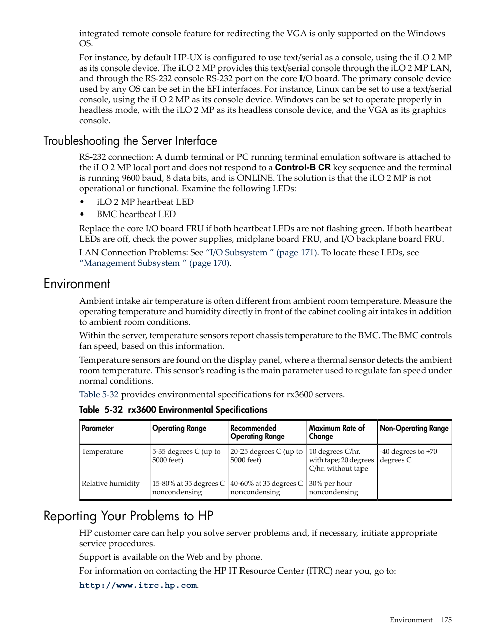 Troubleshooting the server interface, Environment, Reporting your problems to hp | Environment reporting your problems to hp, Rx3600 environmental specifications | HP INTEGRITY RX3600 User Manual | Page 175 / 356