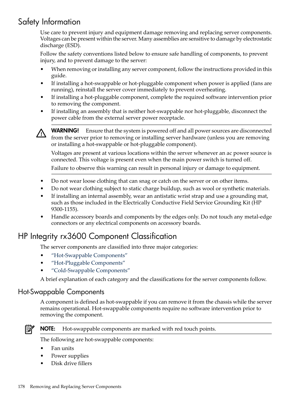 Safety information, Hp integrity rx3600 component classification, Hot-swappable components | HP INTEGRITY RX3600 User Manual | Page 178 / 356