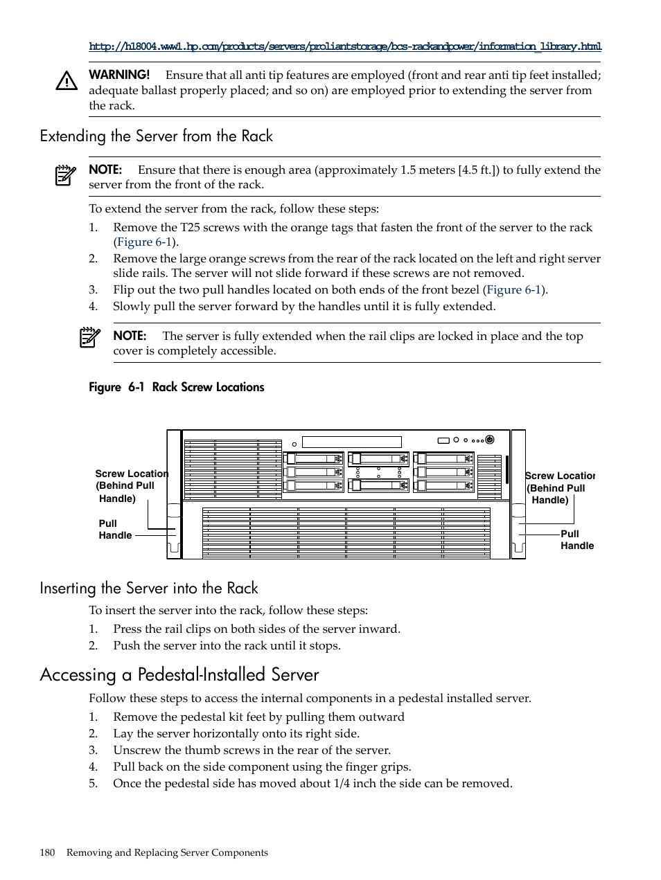 Extending the server from the rack, Inserting the server into the rack, Accessing a pedestal-installed server | Rack screw locations | HP INTEGRITY RX3600 User Manual | Page 180 / 356