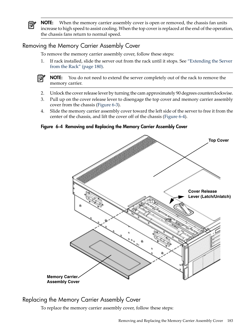 Removing the memory carrier assembly cover, Replacing the memory carrier assembly cover | HP INTEGRITY RX3600 User Manual | Page 183 / 356