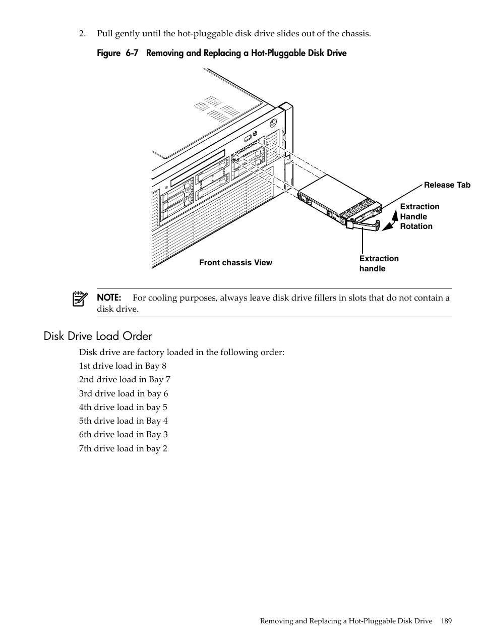 Disk drive load order, Removing and replacing a hot-pluggable disk drive | HP INTEGRITY RX3600 User Manual | Page 189 / 356