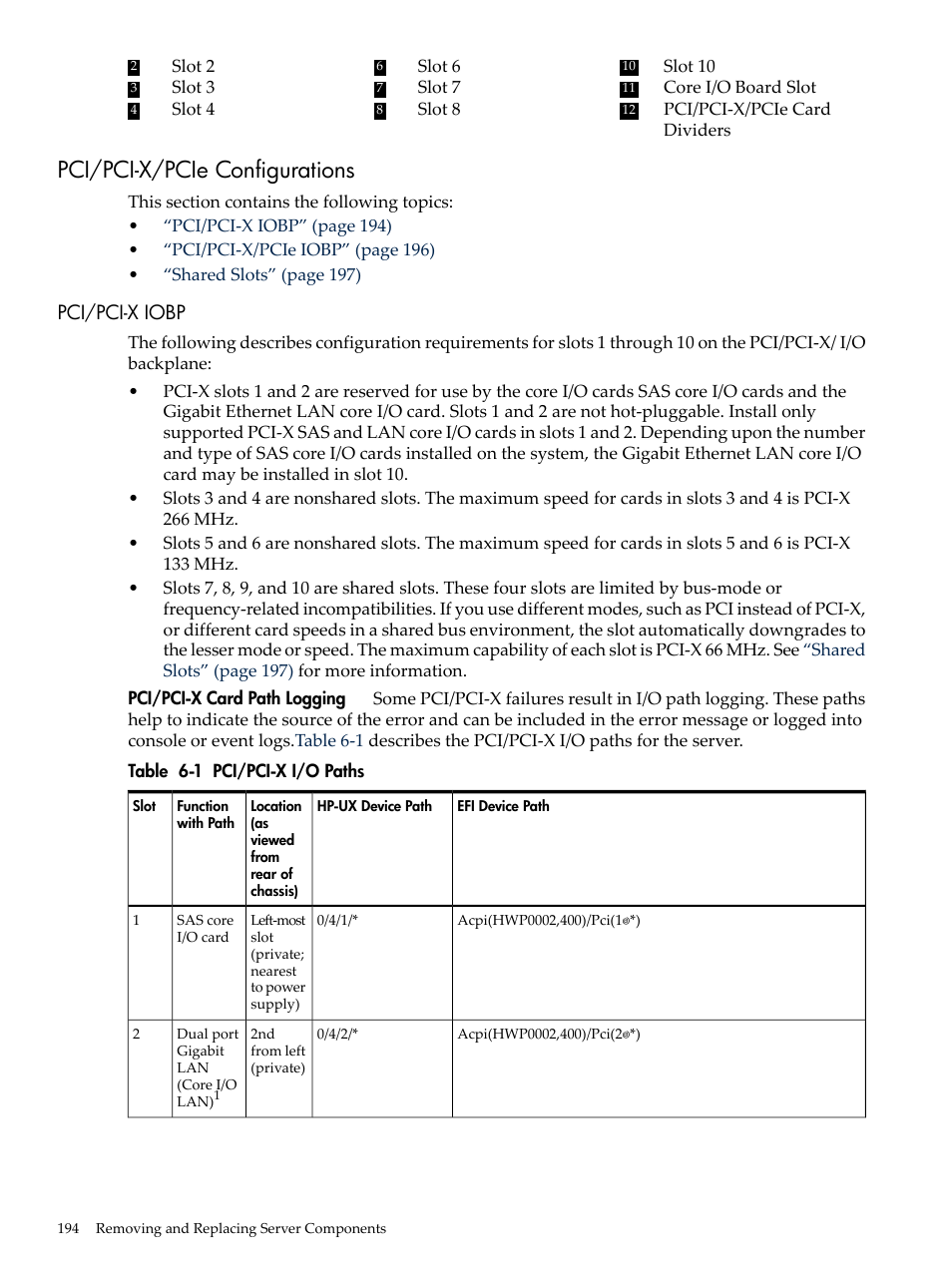 Pci/pci-x/pcie configurations, Pci/pci-x iobp, Pci/pci-x i/o paths | HP INTEGRITY RX3600 User Manual | Page 194 / 356