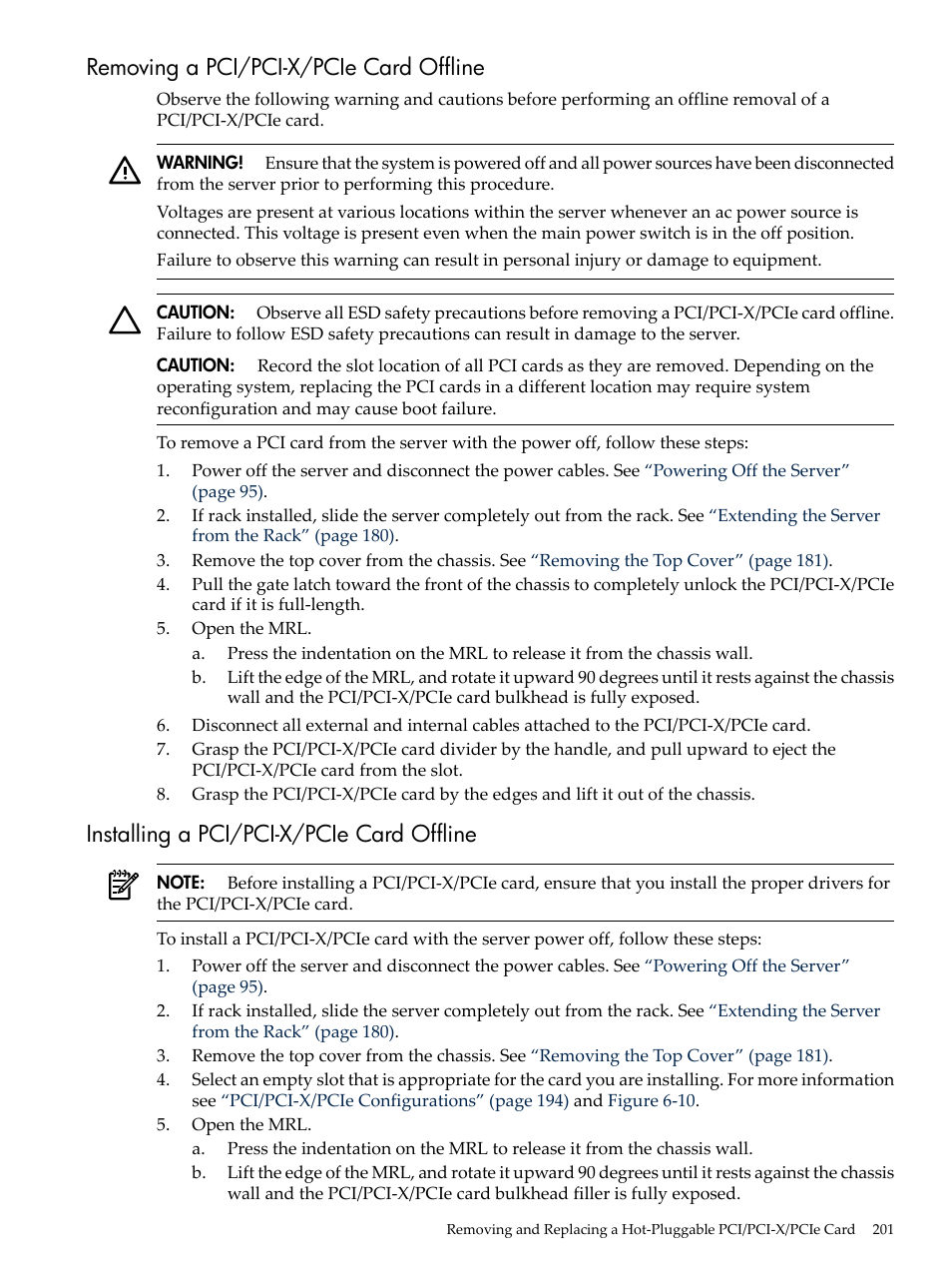 Removing a pci/pci-x/pcie card offline, Installing a pci/pci-x/pcie card offline | HP INTEGRITY RX3600 User Manual | Page 201 / 356