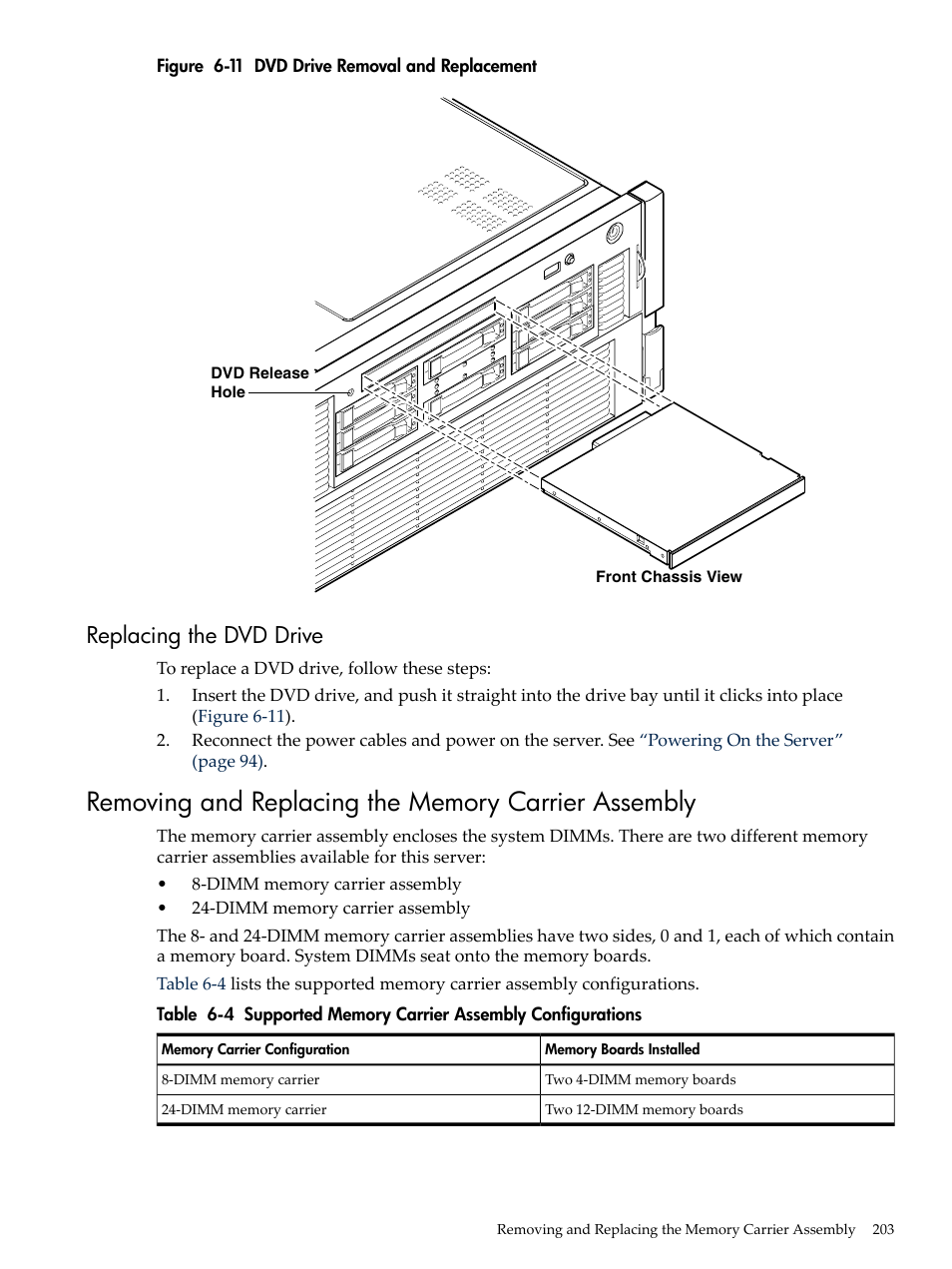 Replacing the dvd drive, Removing and replacing the memory carrier assembly, Dvd drive removal and replacement | Supported memory carrier assembly configurations, Figure 6-11 | HP INTEGRITY RX3600 User Manual | Page 203 / 356