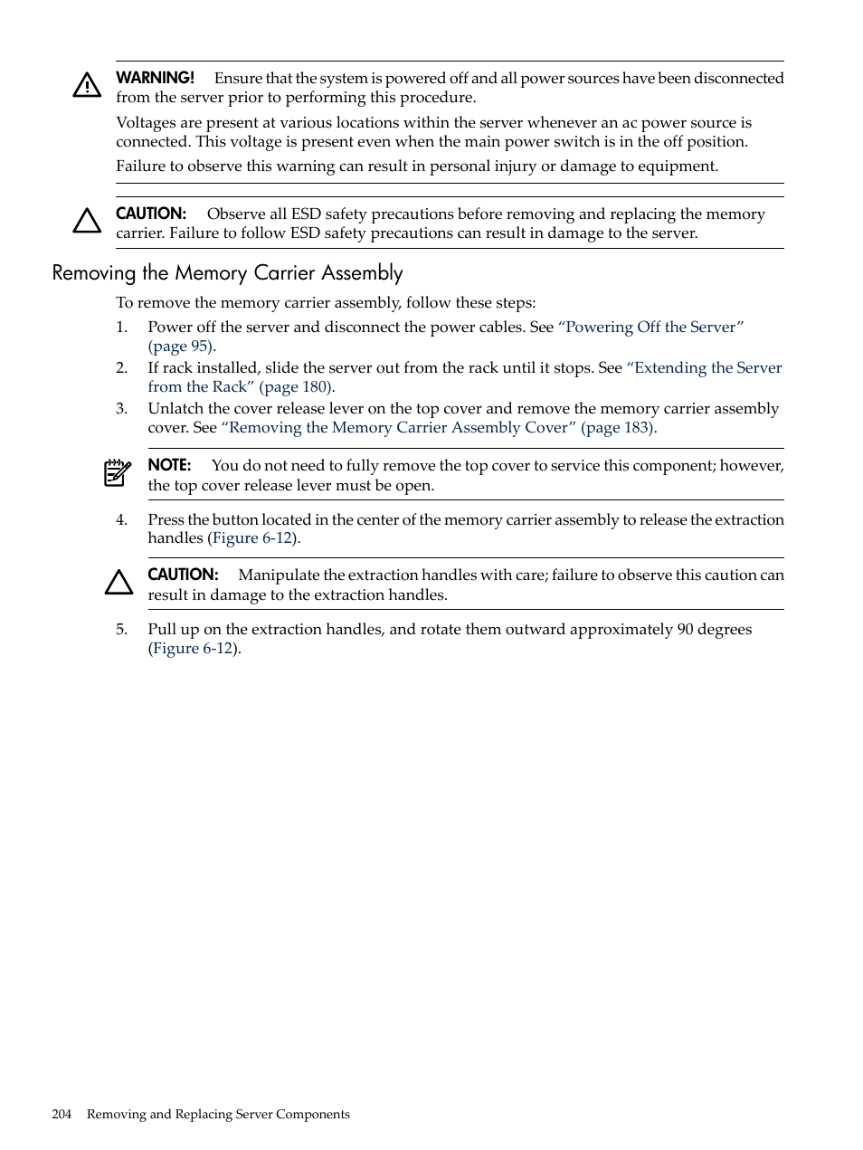 Removing the memory carrier assembly | HP INTEGRITY RX3600 User Manual | Page 204 / 356