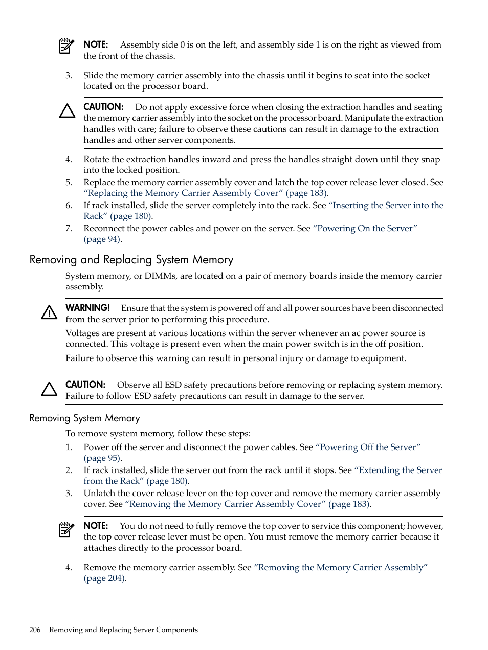 Removing and replacing system memory, Removing system memory | HP INTEGRITY RX3600 User Manual | Page 206 / 356