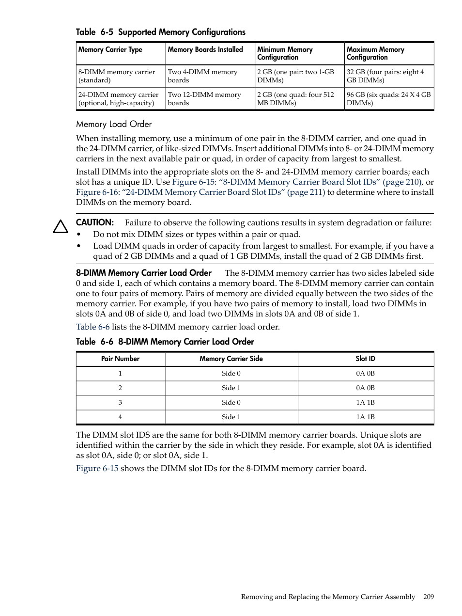 Memory load order, Supported memory configurations, Dimm memory carrier load order | Table 6-5 | HP INTEGRITY RX3600 User Manual | Page 209 / 356