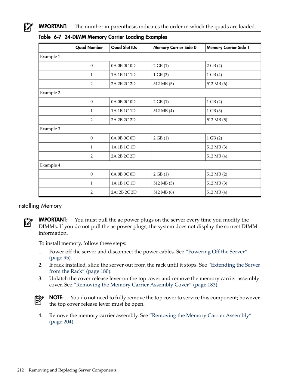 Installing memory, Dimm memory carrier loading examples | HP INTEGRITY RX3600 User Manual | Page 212 / 356