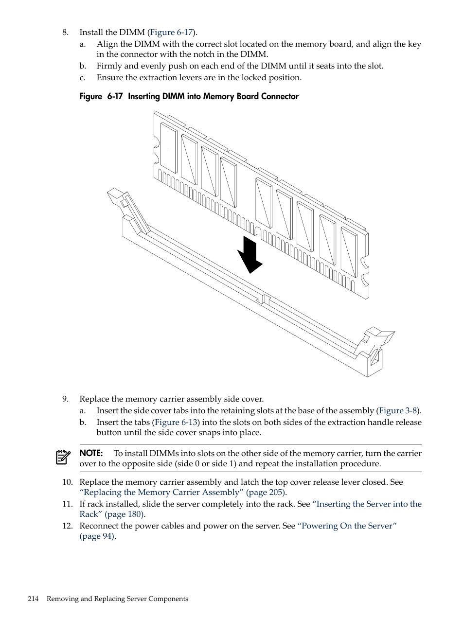 Inserting dimm into memory board connector | HP INTEGRITY RX3600 User Manual | Page 214 / 356