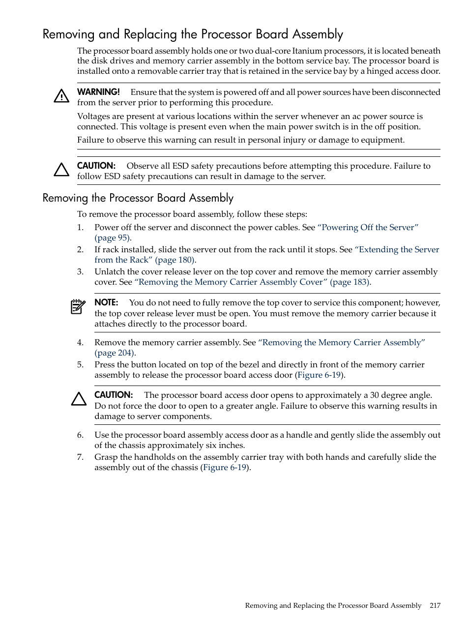 Removing the processor board assembly | HP INTEGRITY RX3600 User Manual | Page 217 / 356