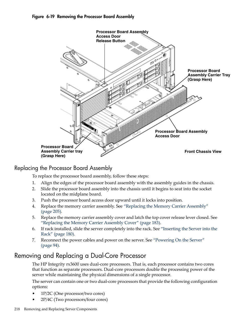 Replacing the processor board assembly, Removing and replacing a dual-core processor, Removing the processor board assembly | Figure 6-19 | HP INTEGRITY RX3600 User Manual | Page 218 / 356