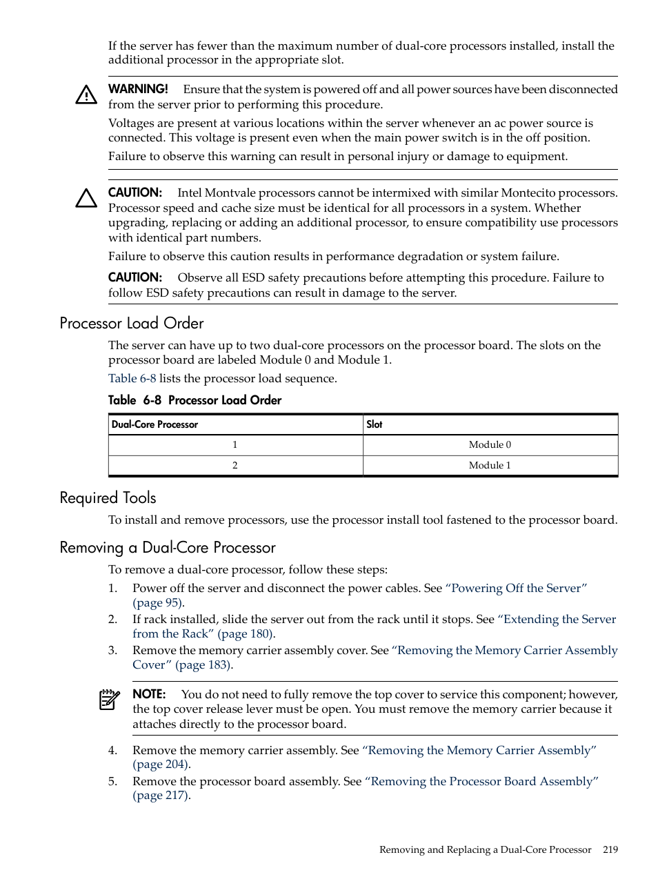 Processor load order, Required tools, Removing a dual-core processor | HP INTEGRITY RX3600 User Manual | Page 219 / 356