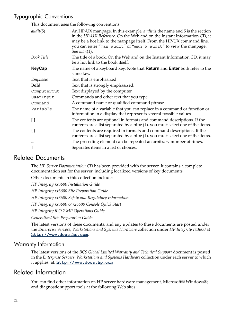 Typographic conventions, Related documents, Warranty information | Related information | HP INTEGRITY RX3600 User Manual | Page 22 / 356