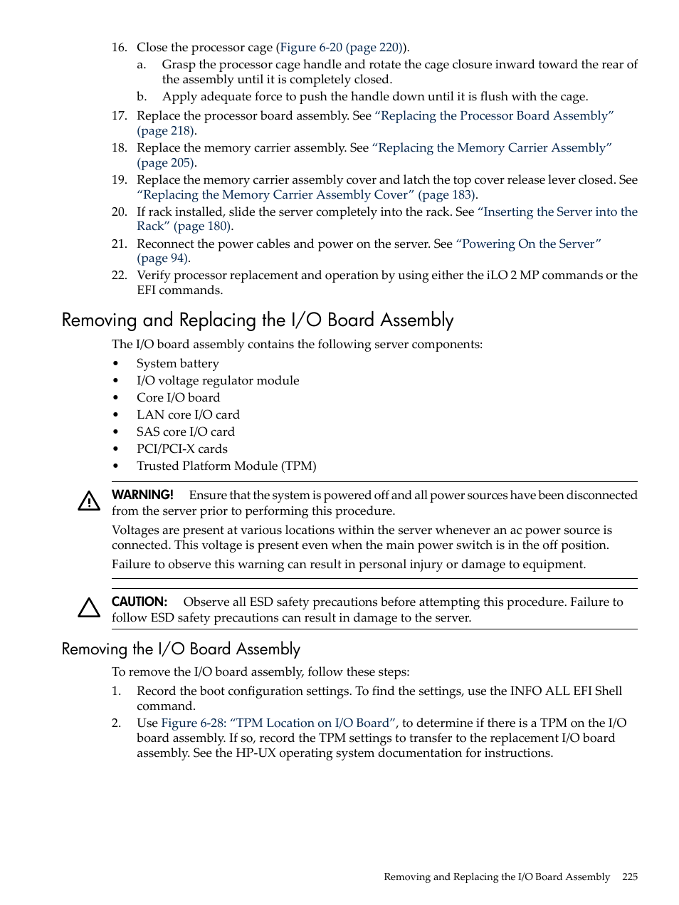 Removing and replacing the i/o board assembly, Removing the i/o board assembly | HP INTEGRITY RX3600 User Manual | Page 225 / 356