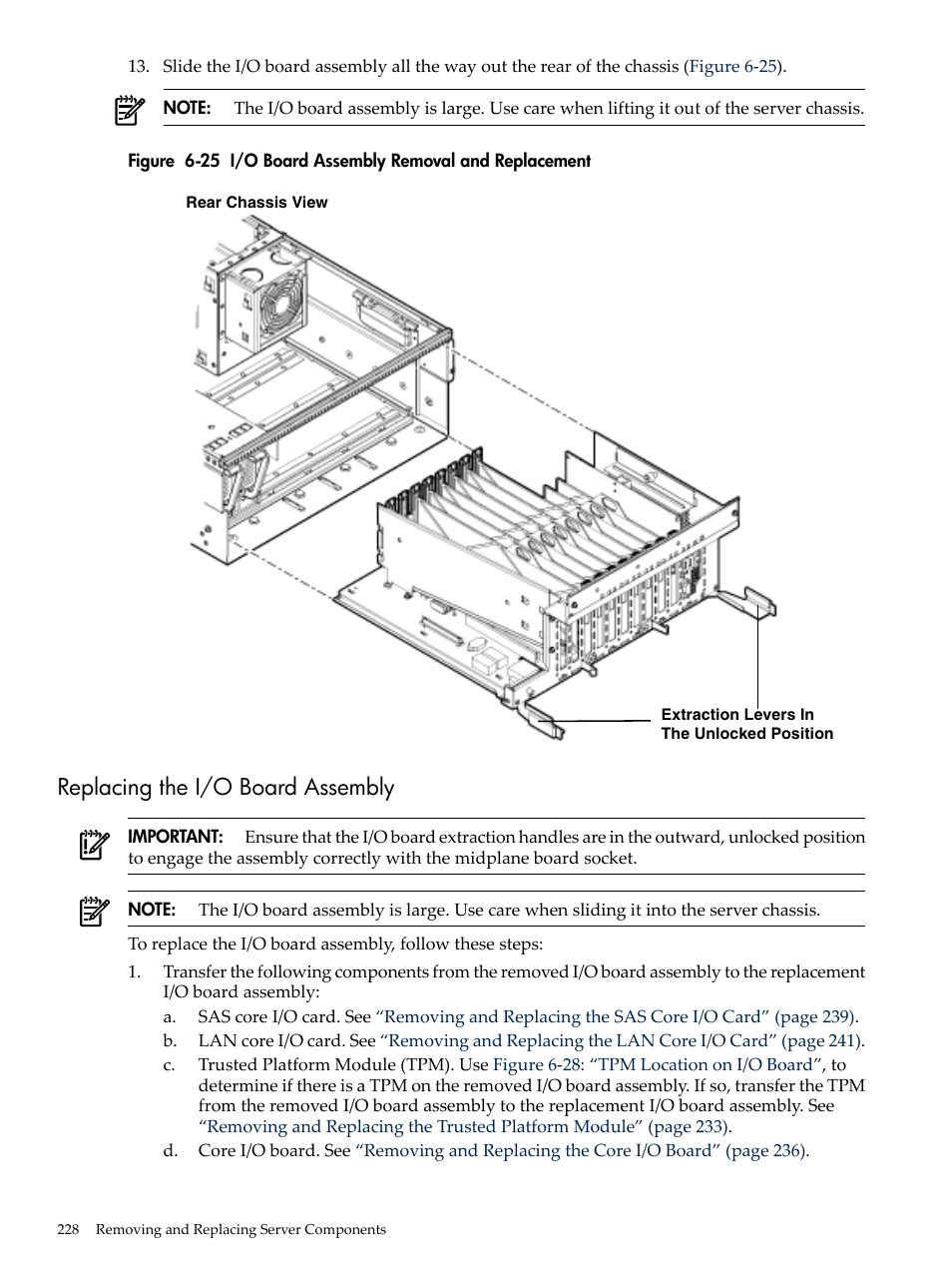 Replacing the i/o board assembly, I/o board assembly removal and replacement | HP INTEGRITY RX3600 User Manual | Page 228 / 356