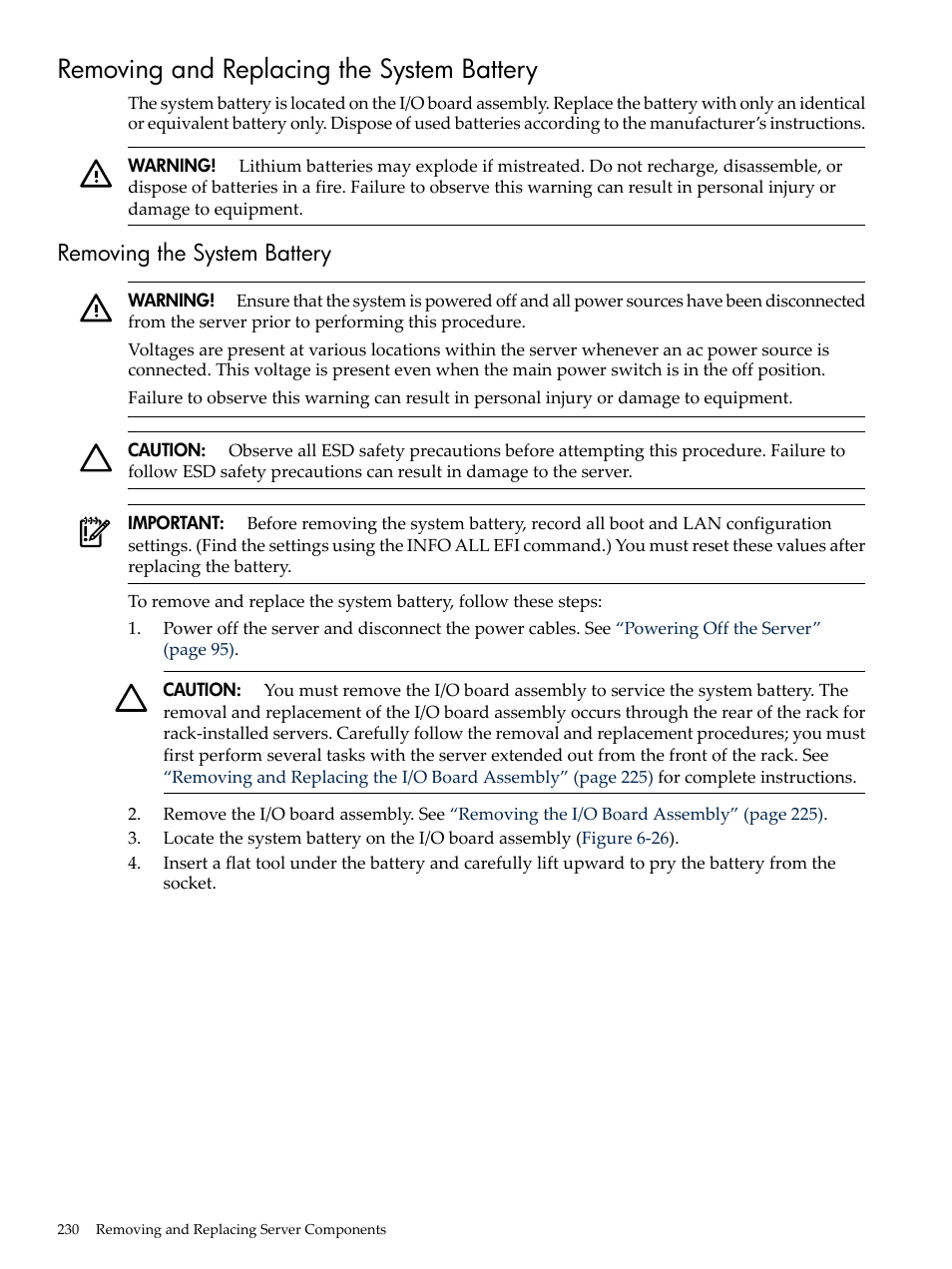 Removing and replacing the system battery, Removing the system battery | HP INTEGRITY RX3600 User Manual | Page 230 / 356