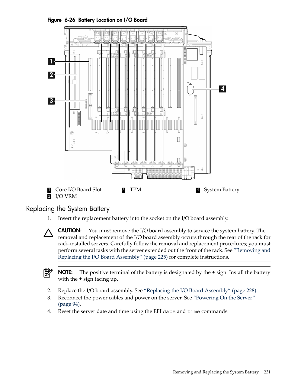 Replacing the system battery, Battery location on i/o board, Figure 6-26 | HP INTEGRITY RX3600 User Manual | Page 231 / 356