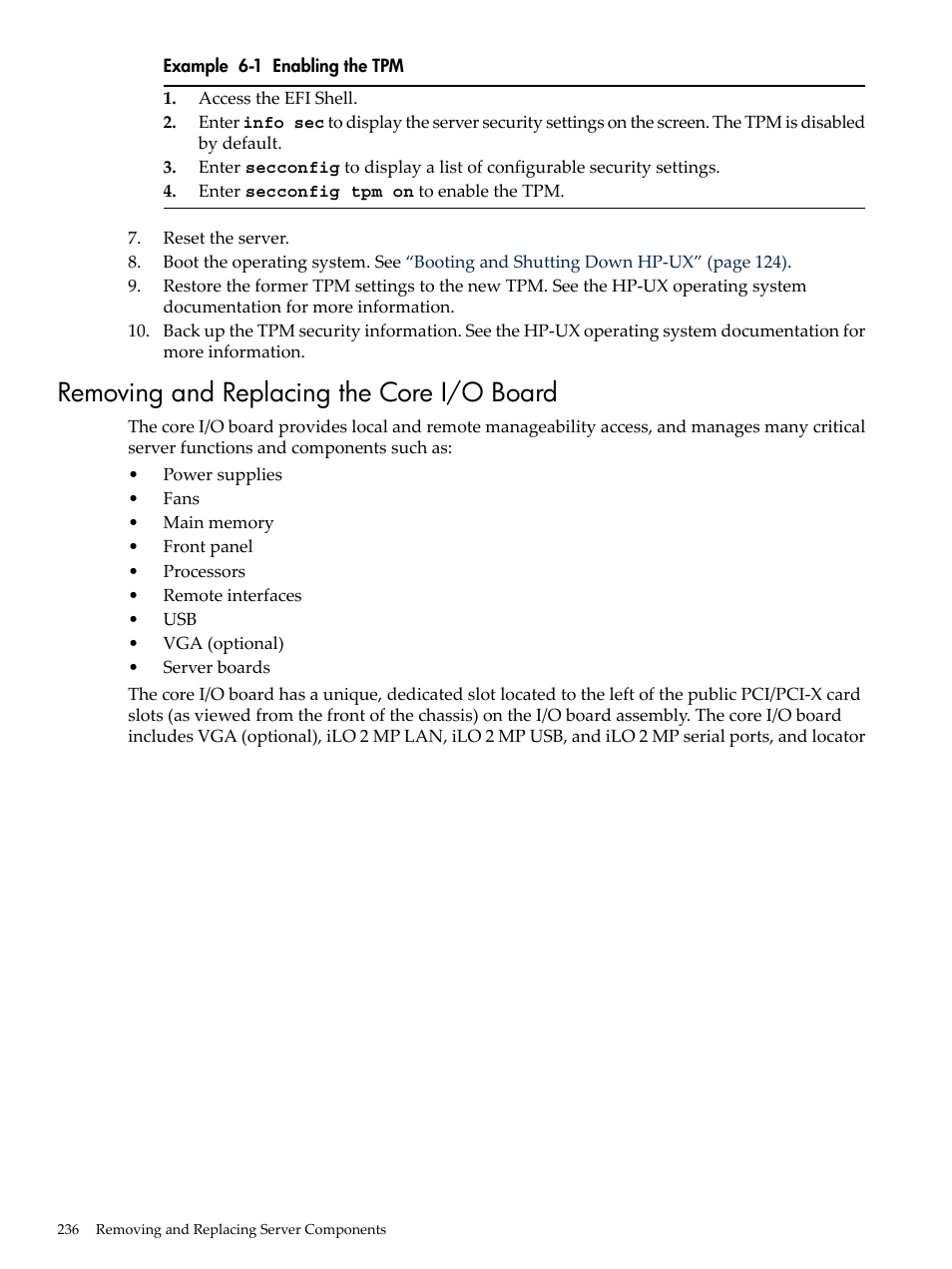 Removing and replacing the core i/o board, Enabling the tpm, Example 6-1 | HP INTEGRITY RX3600 User Manual | Page 236 / 356