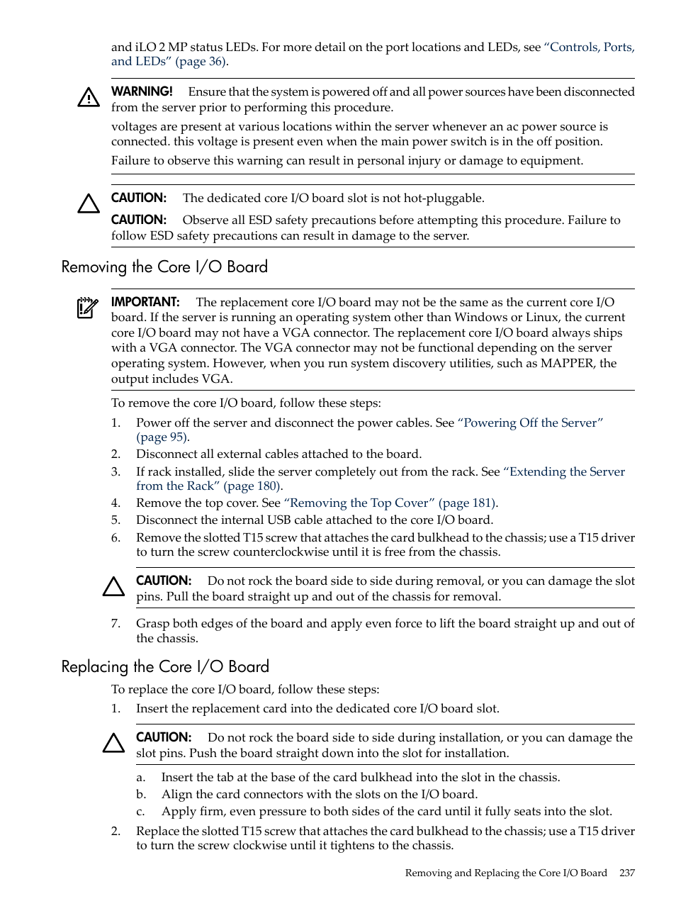 Removing the core i/o board, Replacing the core i/o board | HP INTEGRITY RX3600 User Manual | Page 237 / 356