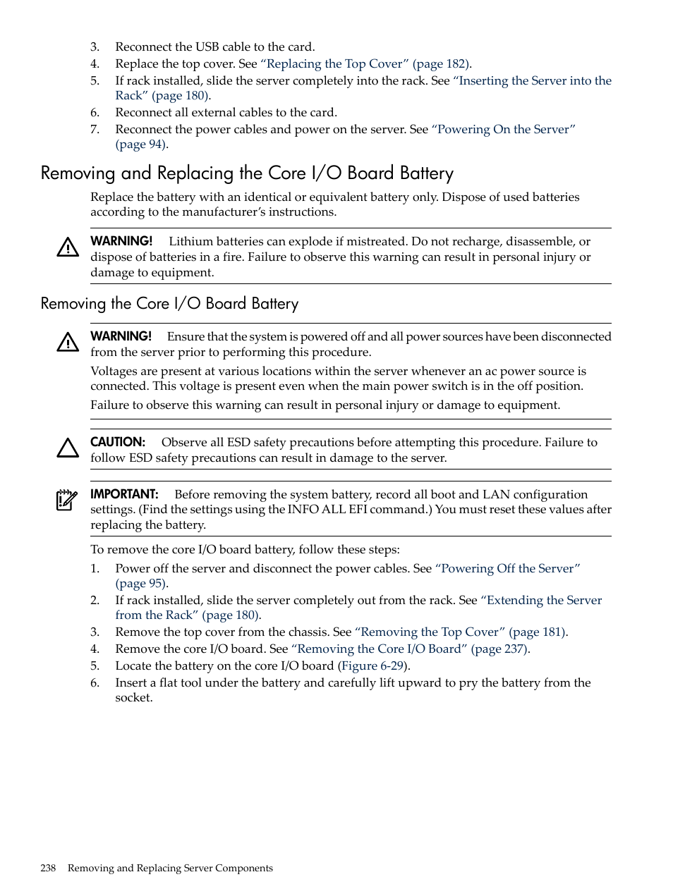 Removing and replacing the core i/o board battery, Removing the core i/o board battery | HP INTEGRITY RX3600 User Manual | Page 238 / 356