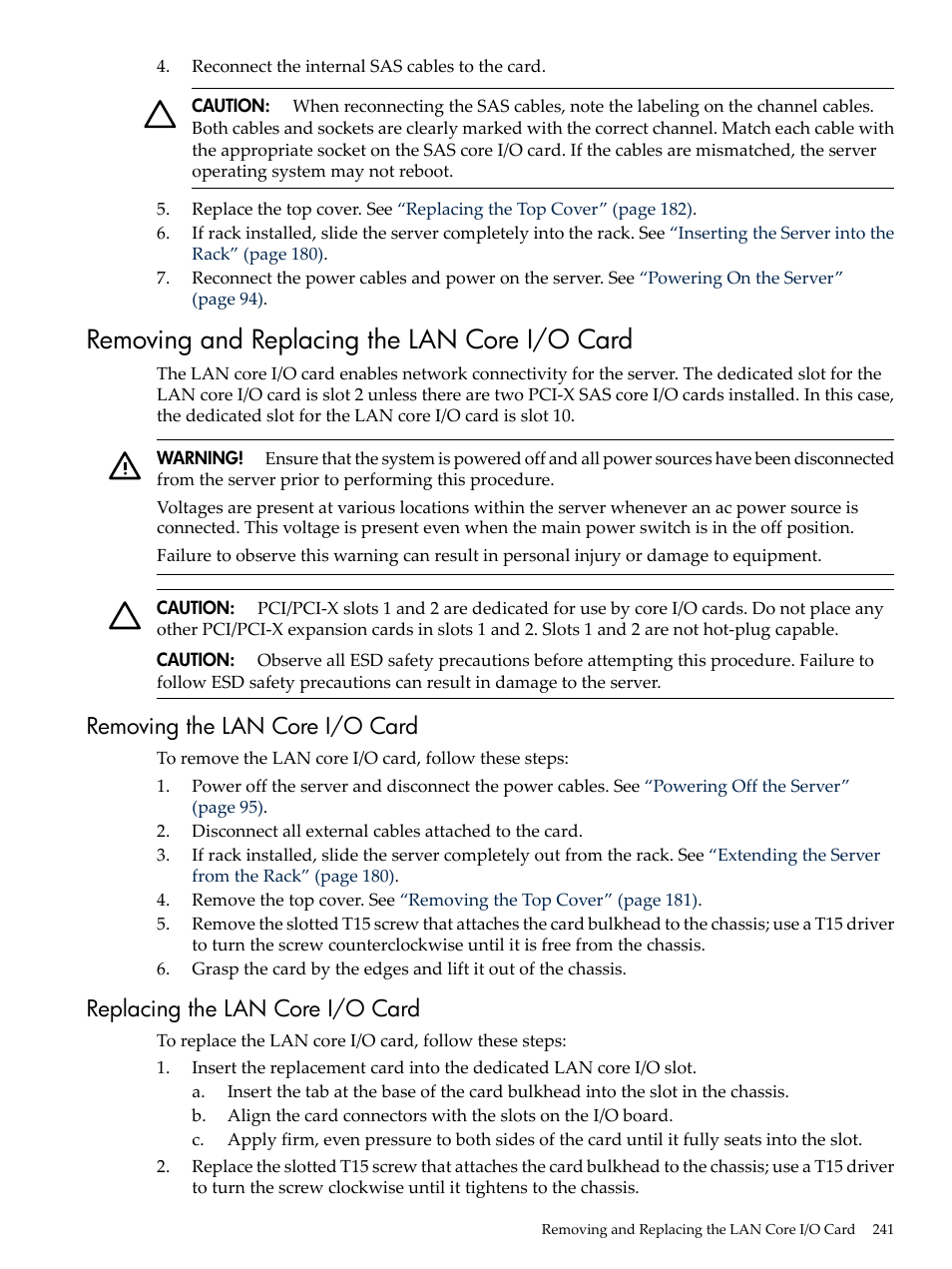 Removing and replacing the lan core i/o card, Removing the lan core i/o card, Replacing the lan core i/o card | HP INTEGRITY RX3600 User Manual | Page 241 / 356