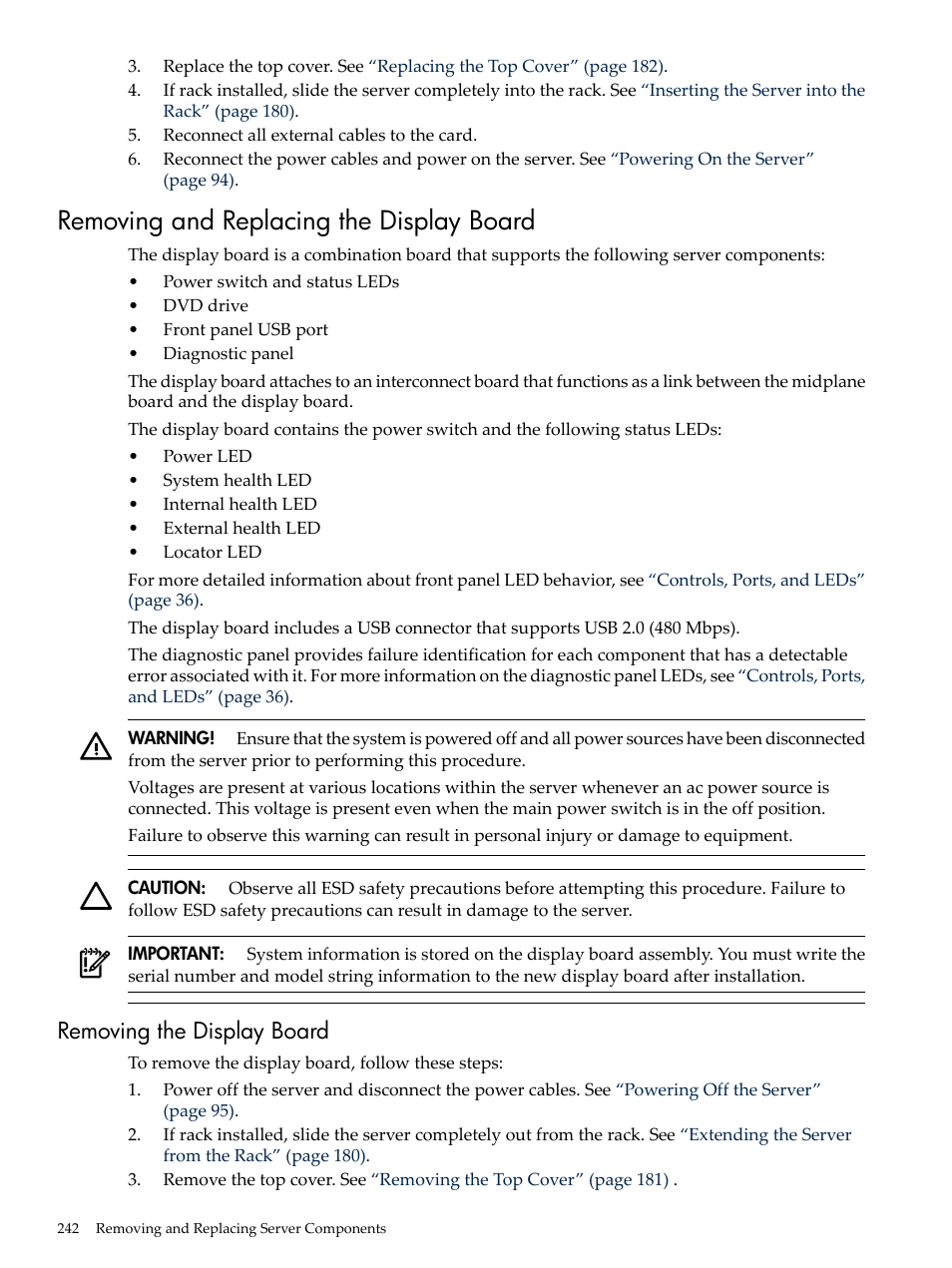 Removing and replacing the display board, Removing the display board | HP INTEGRITY RX3600 User Manual | Page 242 / 356