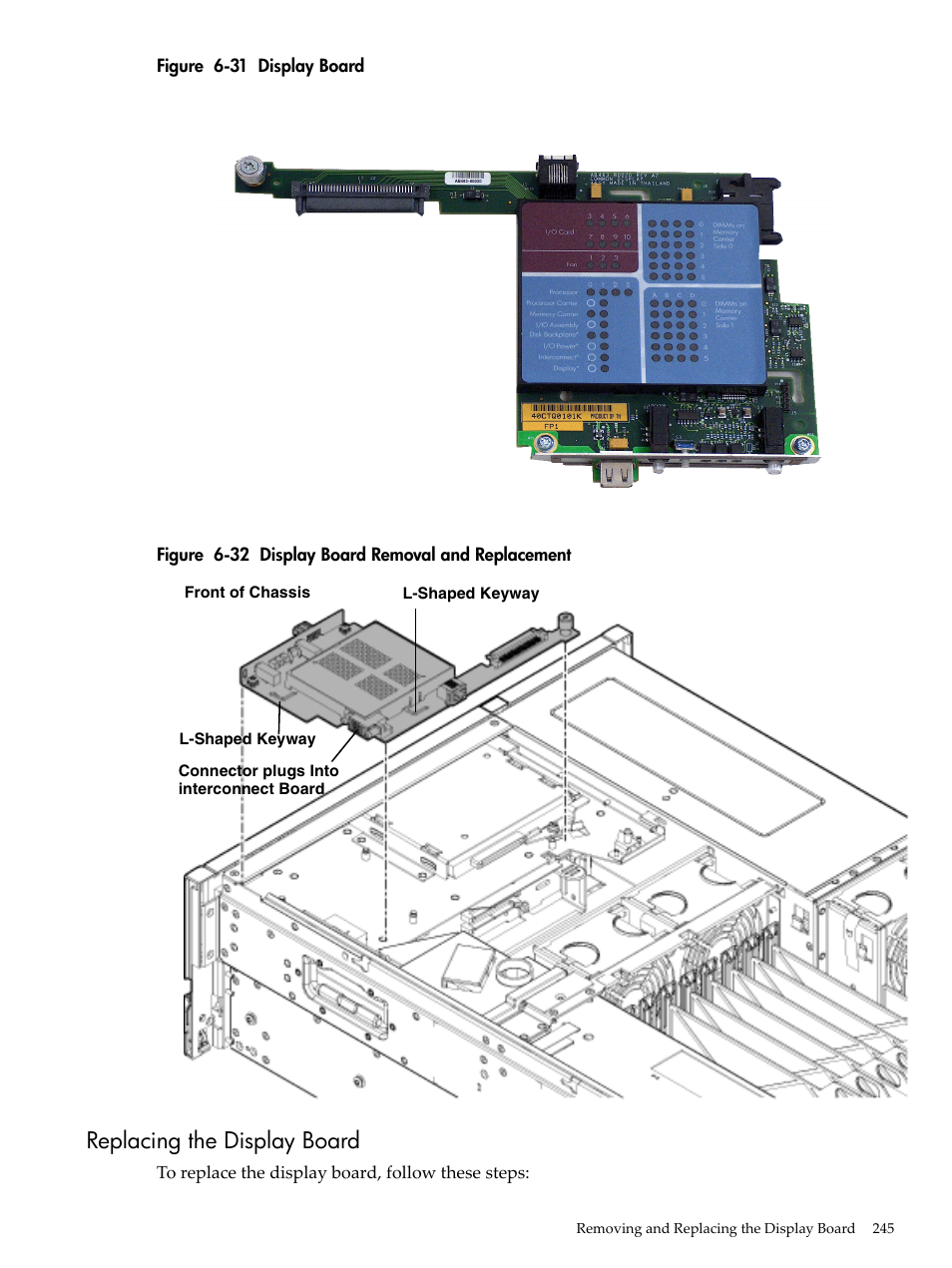 Replacing the display board, Display board, Display board removal and replacement | HP INTEGRITY RX3600 User Manual | Page 245 / 356