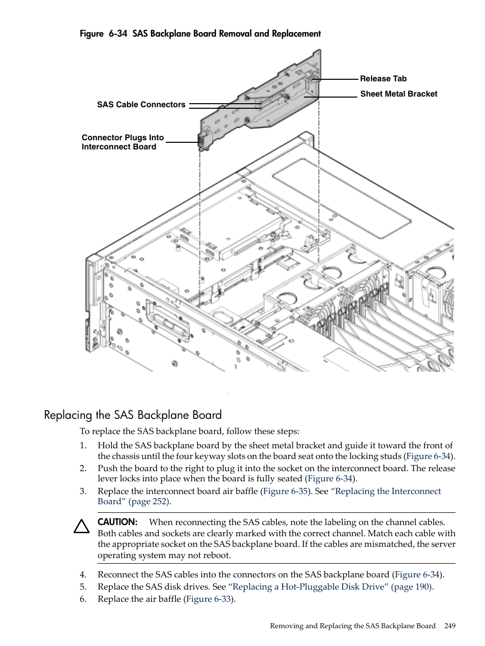 Replacing the sas backplane board, Sas backplane board removal and replacement, Figure 6-34 | HP INTEGRITY RX3600 User Manual | Page 249 / 356