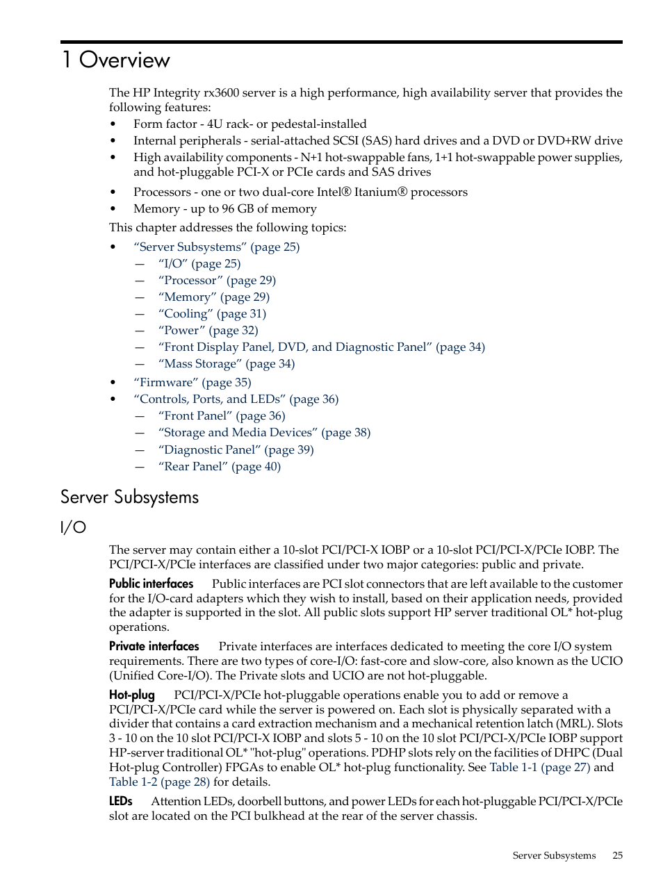 1 overview, Server subsystems | HP INTEGRITY RX3600 User Manual | Page 25 / 356