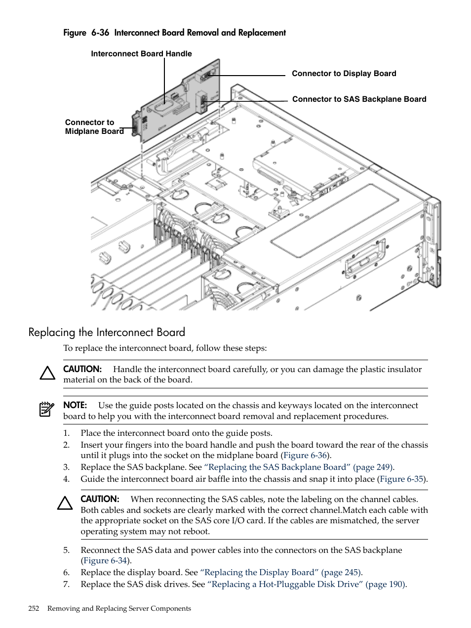 Replacing the interconnect board, Interconnect board removal and replacement, Replacing the interconnect | Figure 6-36 | HP INTEGRITY RX3600 User Manual | Page 252 / 356