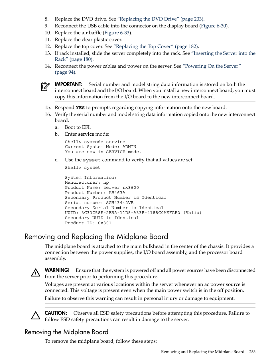 Removing and replacing the midplane board, Removing the midplane board | HP INTEGRITY RX3600 User Manual | Page 253 / 356