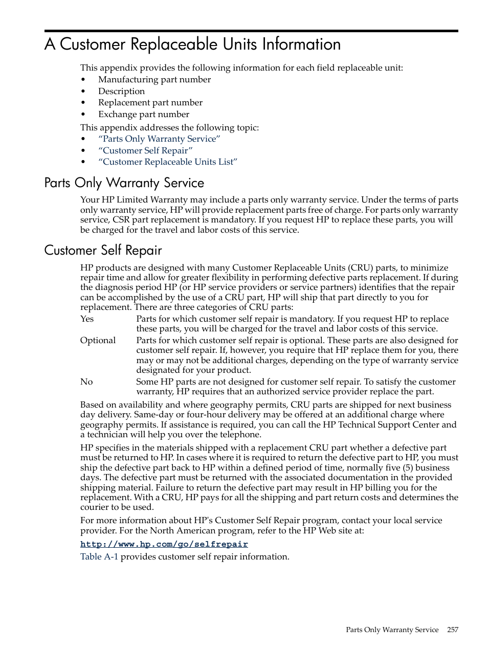 A customer replaceable units information, Parts only warranty service, Customer self repair | Parts only warranty service customer self repair | HP INTEGRITY RX3600 User Manual | Page 257 / 356