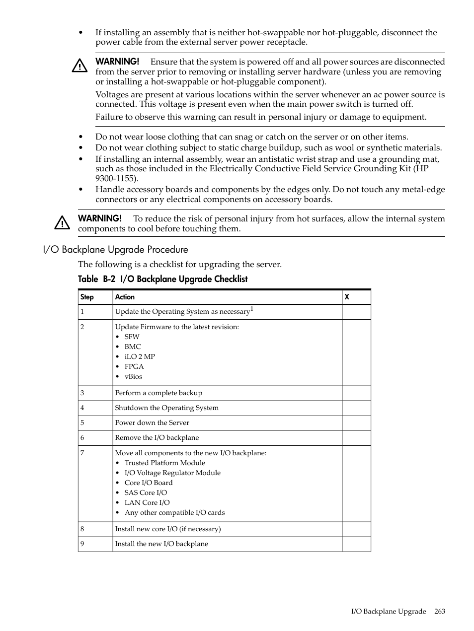 I/o backplane upgrade procedure, I/o backplane upgrade checklist | HP INTEGRITY RX3600 User Manual | Page 263 / 356