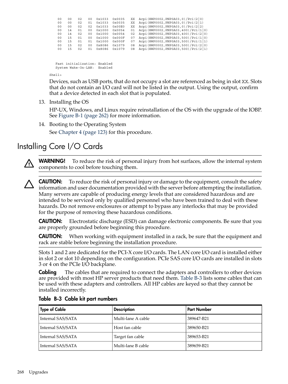 Installing core i/o cards, Cable kit part numbers | HP INTEGRITY RX3600 User Manual | Page 268 / 356