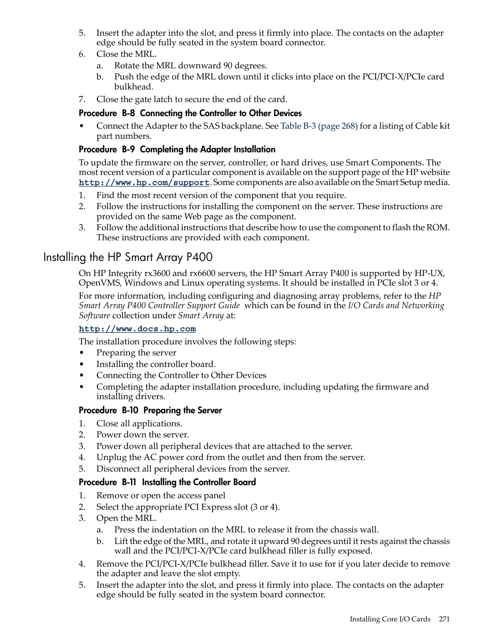 Installing the hp smart array p400 | HP INTEGRITY RX3600 User Manual | Page 271 / 356