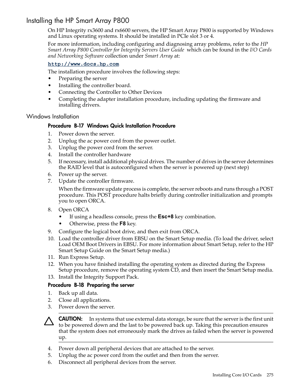 Installing the hp smart array p800, Windows installation | HP INTEGRITY RX3600 User Manual | Page 275 / 356