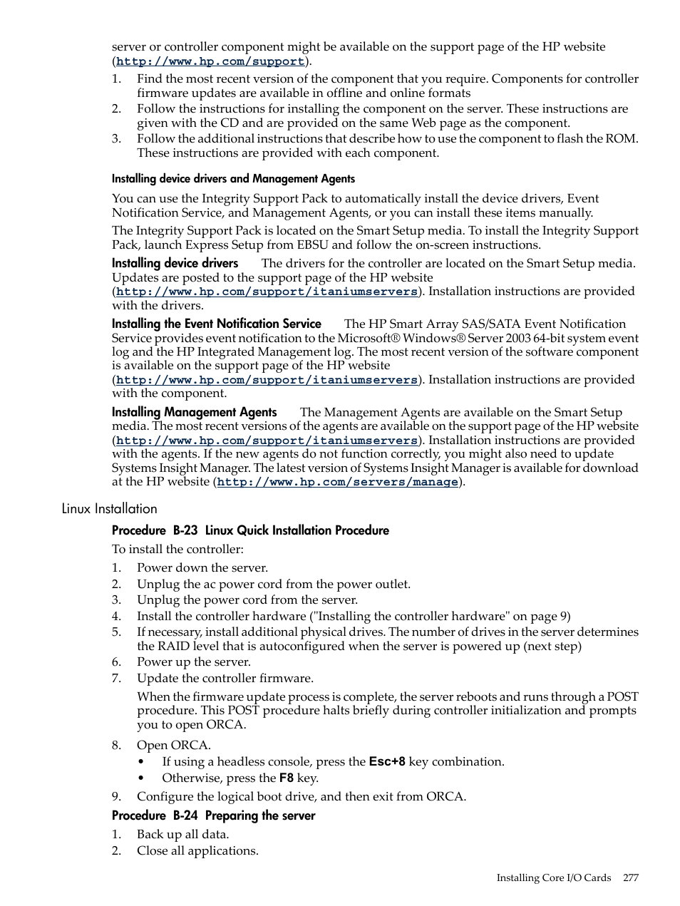 Installing device drivers and management agents, Linux installation | HP INTEGRITY RX3600 User Manual | Page 277 / 356