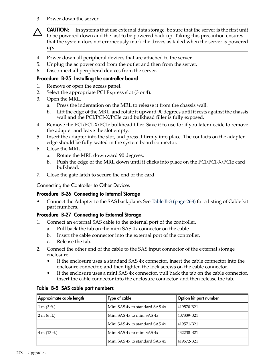 Connecting the controller to other devices, Sas cable part numbers | HP INTEGRITY RX3600 User Manual | Page 278 / 356