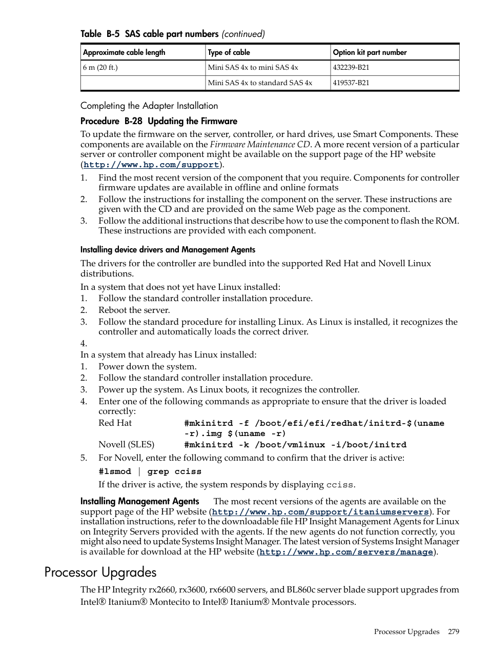 Completing the adapter installation, Installing device drivers and management agents, Processor upgrades | HP INTEGRITY RX3600 User Manual | Page 279 / 356