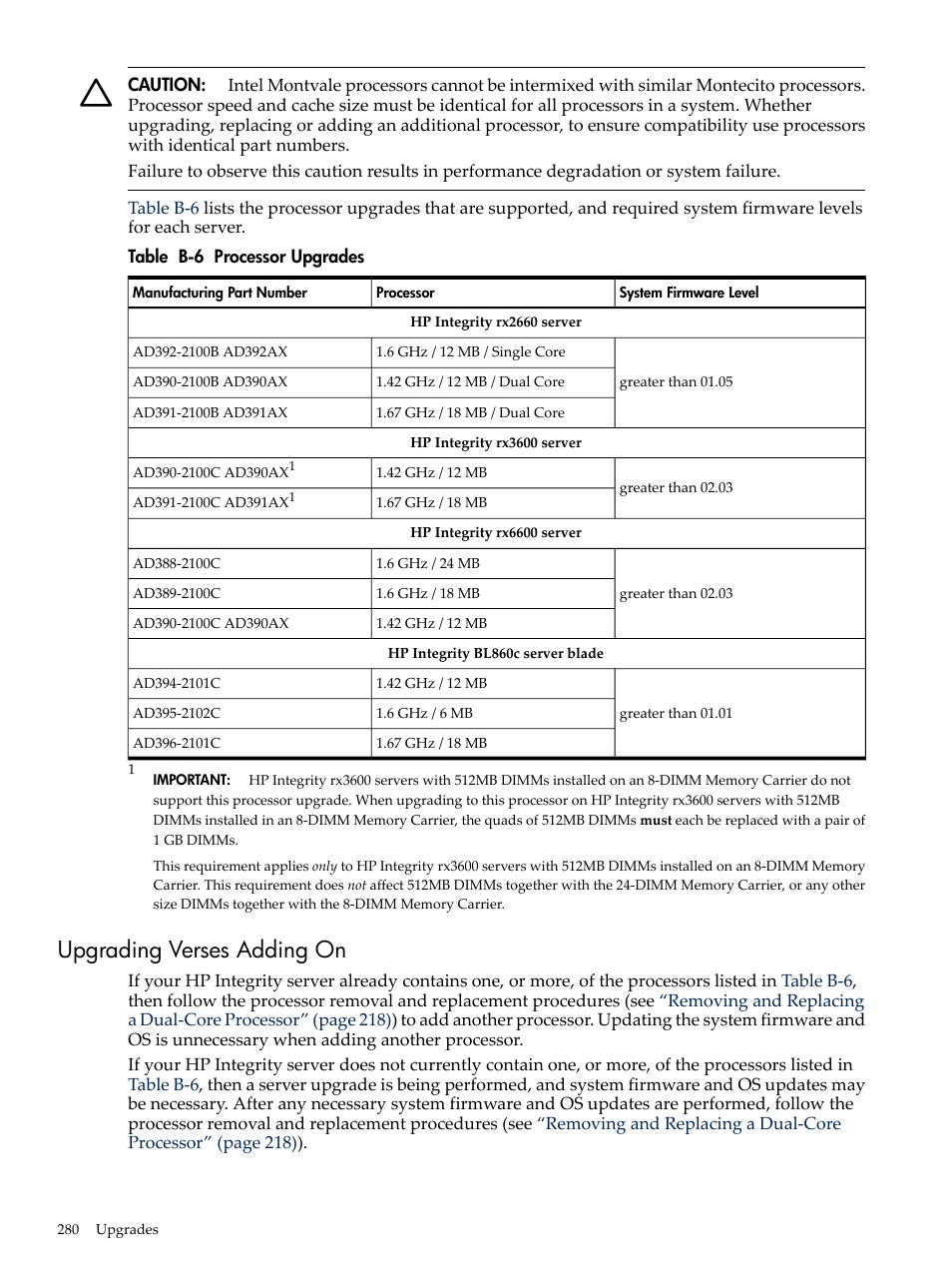Upgrading verses adding on, Processor upgrades | HP INTEGRITY RX3600 User Manual | Page 280 / 356