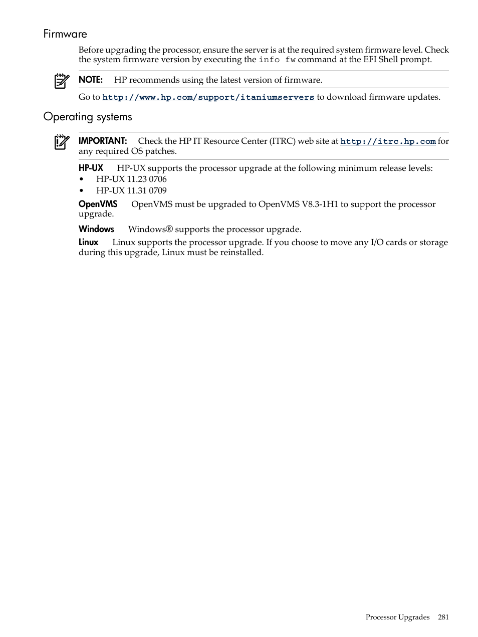 Firmware, Operating systems, Firmware operating systems | HP INTEGRITY RX3600 User Manual | Page 281 / 356