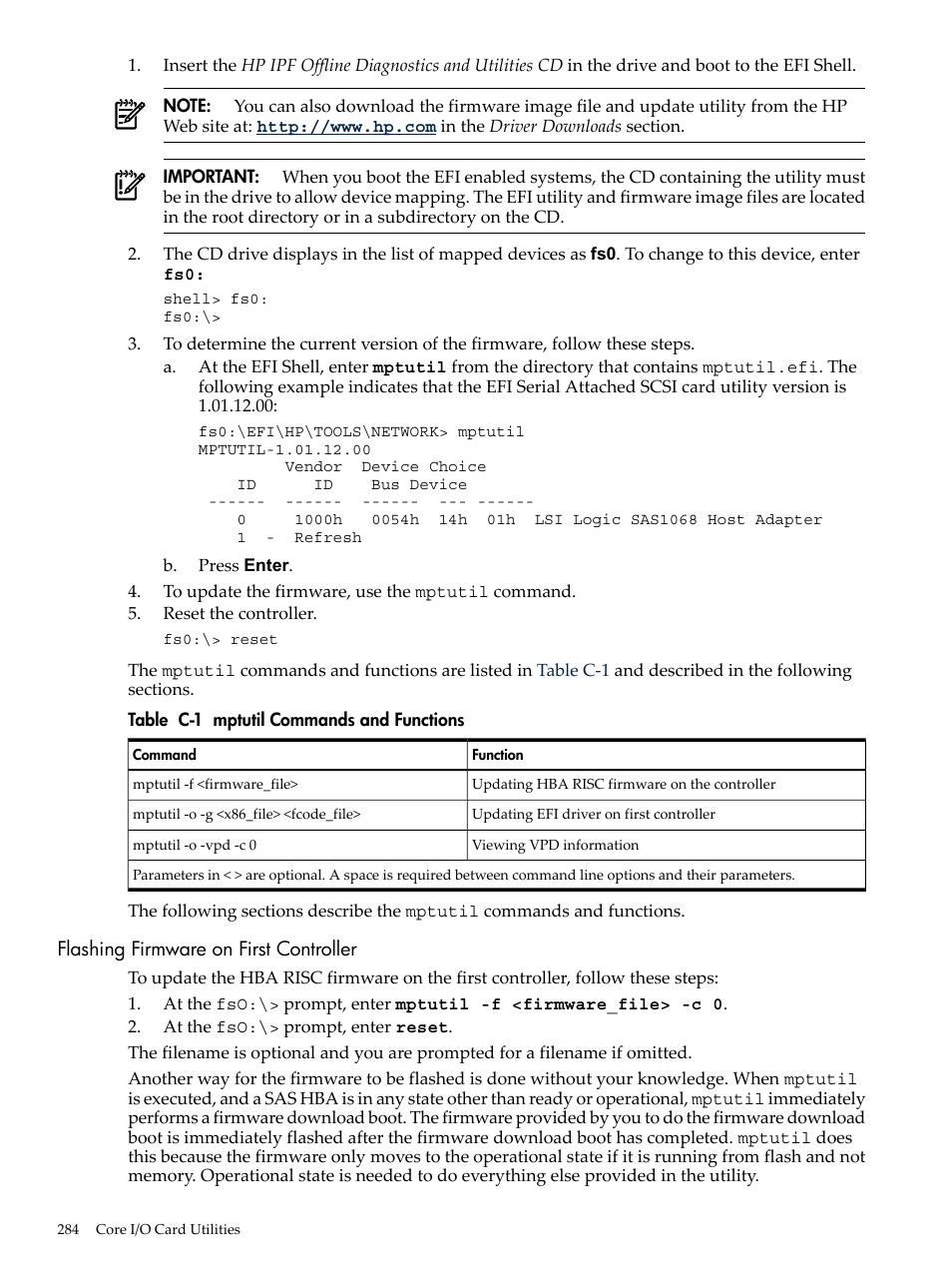 Flashing firmware on first controller, Mptutil commands and functions | HP INTEGRITY RX3600 User Manual | Page 284 / 356