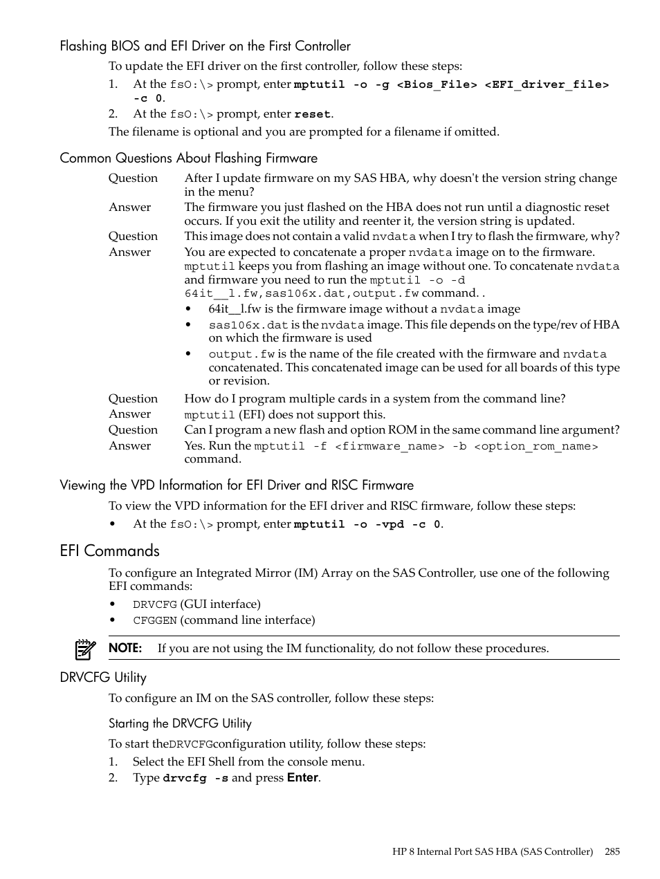 Common questions about flashing firmware, Efi commands, Drvcfg utility | Starting the drvcfg utility | HP INTEGRITY RX3600 User Manual | Page 285 / 356