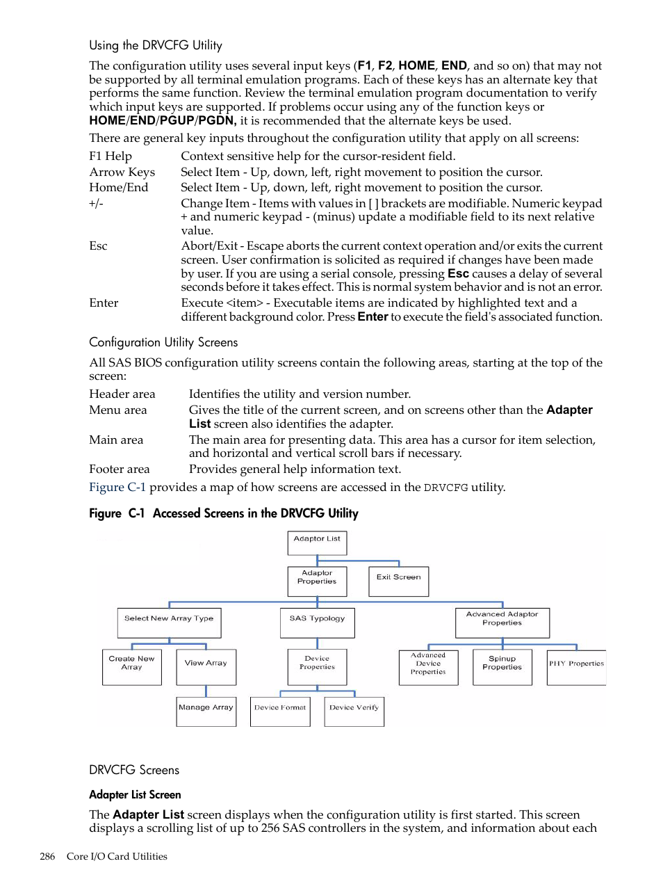 Using the drvcfg utility, Configuration utility screens, Drvcfg screens | Adapter list screen, Accessed screens in the drvcfg utility | HP INTEGRITY RX3600 User Manual | Page 286 / 356
