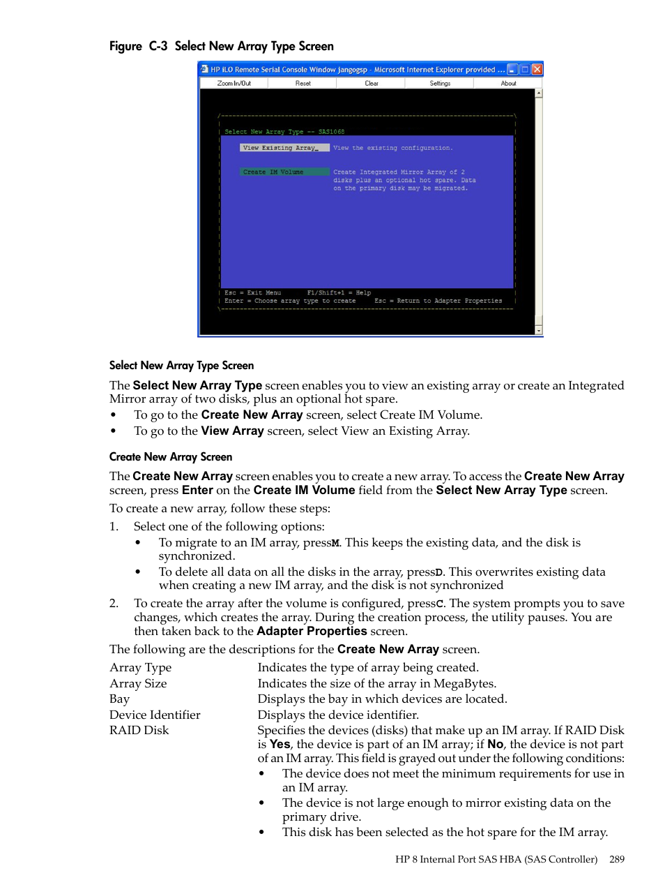 Select new array type screen, Create new array screen | HP INTEGRITY RX3600 User Manual | Page 289 / 356