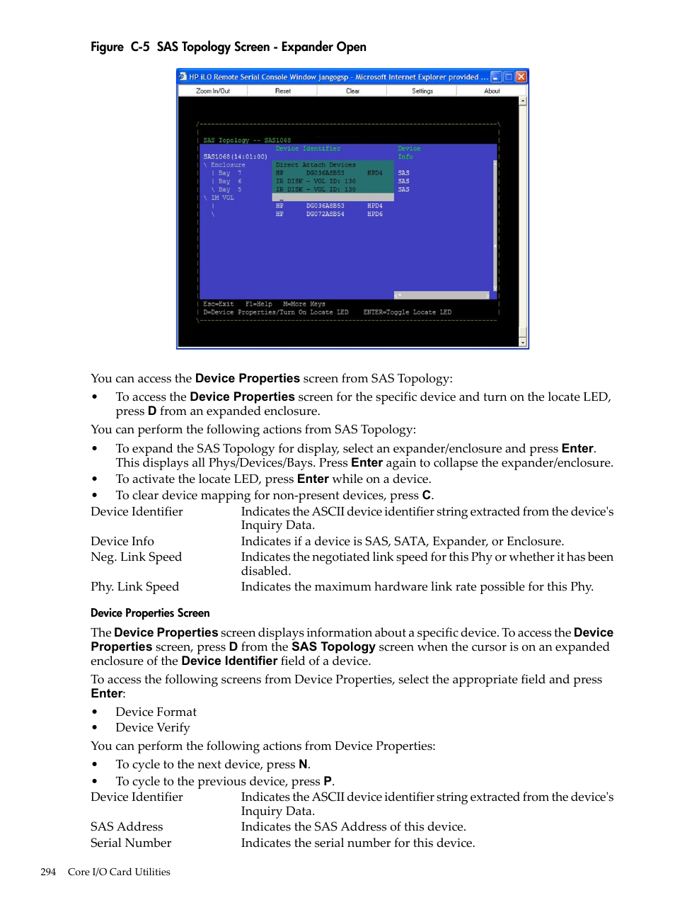 Device properties screen, Sas topology screen - expander open | HP INTEGRITY RX3600 User Manual | Page 294 / 356