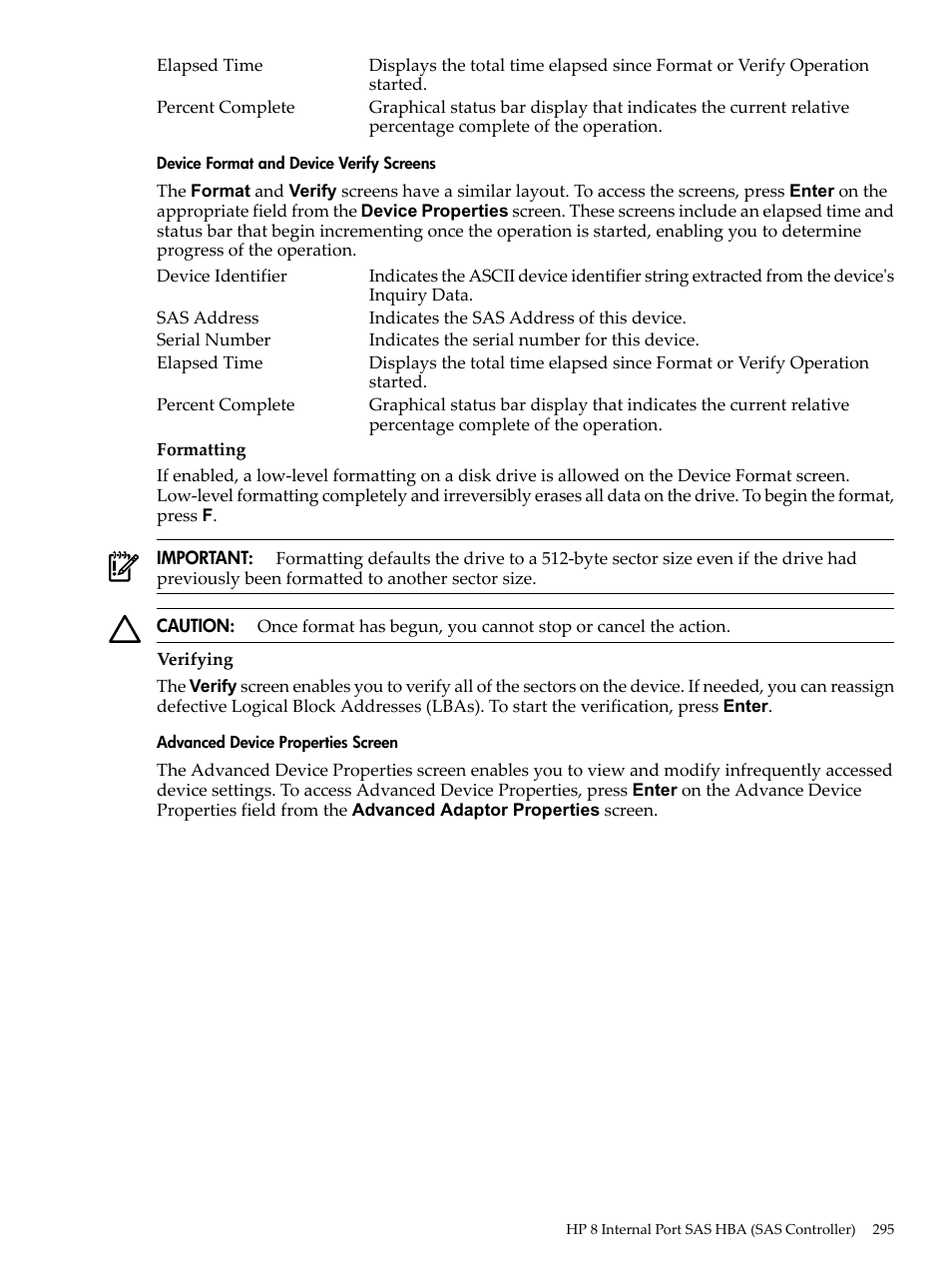 Device format and device verify screens, Advanced device properties screen | HP INTEGRITY RX3600 User Manual | Page 295 / 356