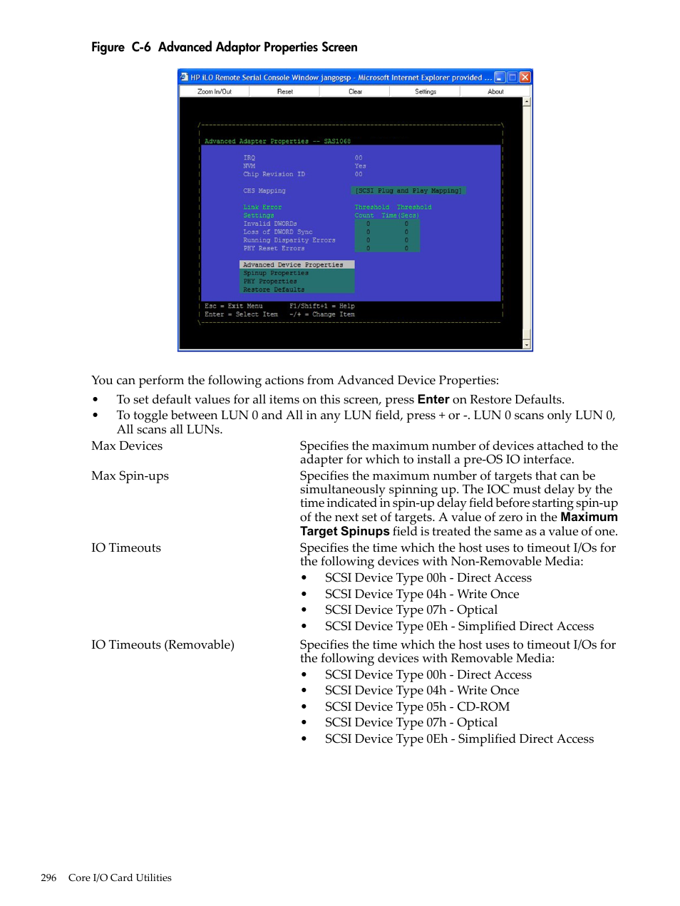 Advanced adaptor properties screen | HP INTEGRITY RX3600 User Manual | Page 296 / 356